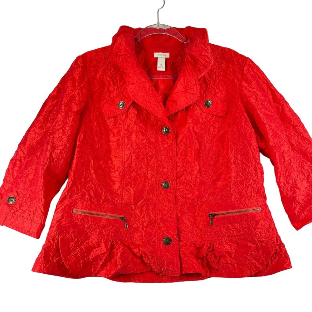 CHICOS Womens L Red Crinkle Jacket Button Up Zip Pockets Lightweight 3/4 Sleeves